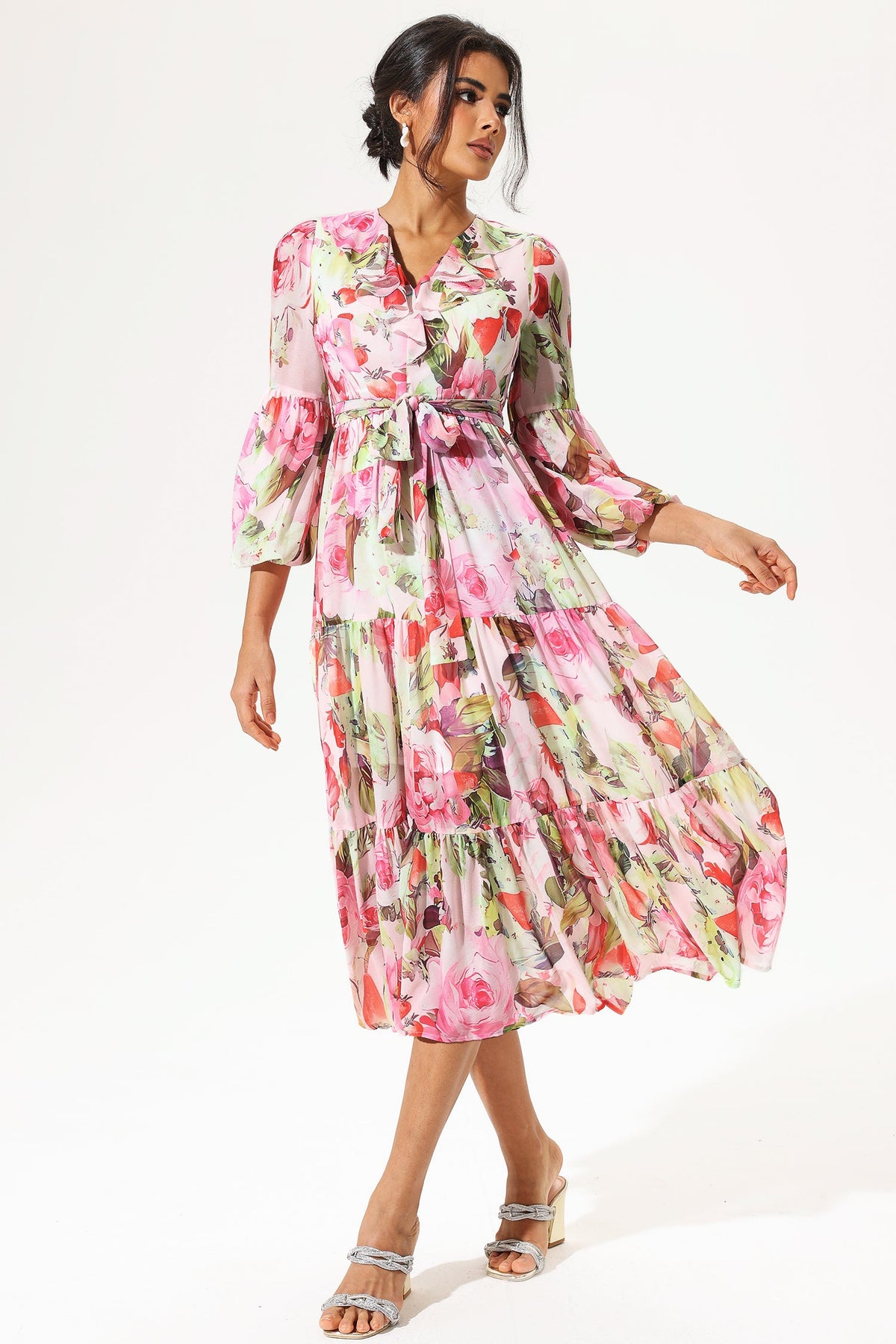 Long Sleeve V-neck Ruffle Maxi Dress