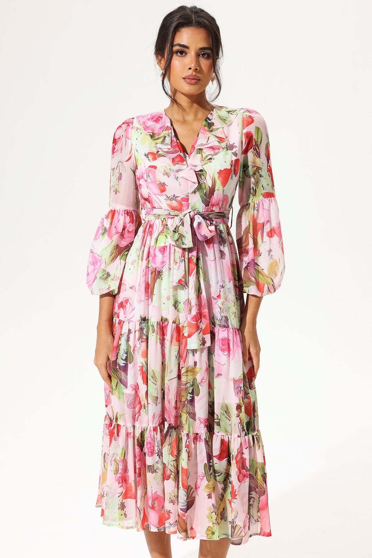 Long Sleeve V-neck Ruffle Maxi Dress