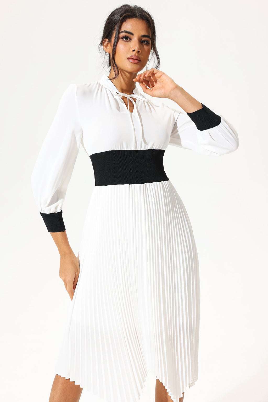 Lantern Sleeve Stand Collar Elastic Belted Midi Dress White