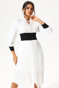 Lantern Sleeve Stand Collar Elastic Belted Midi Dress White
