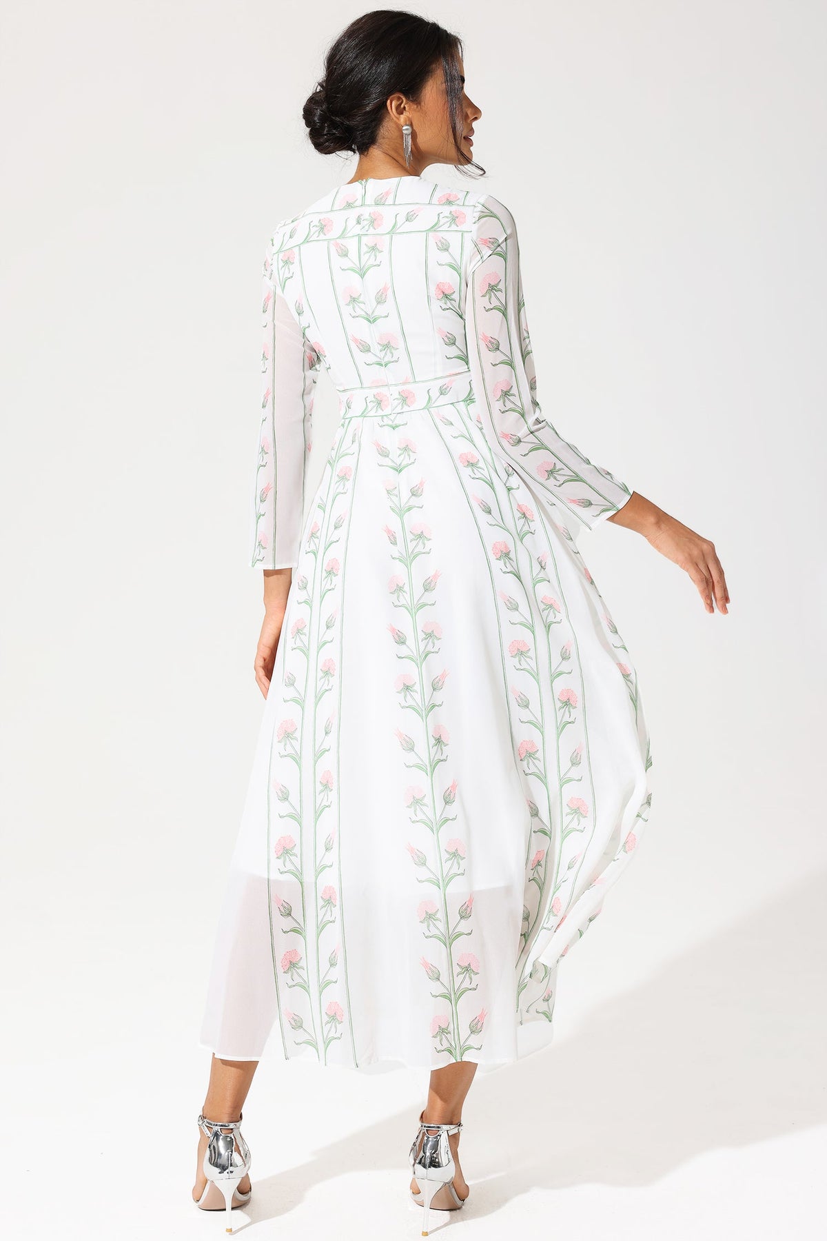 Long Sleeve Crew Collar Silk Georgette Midi Dress