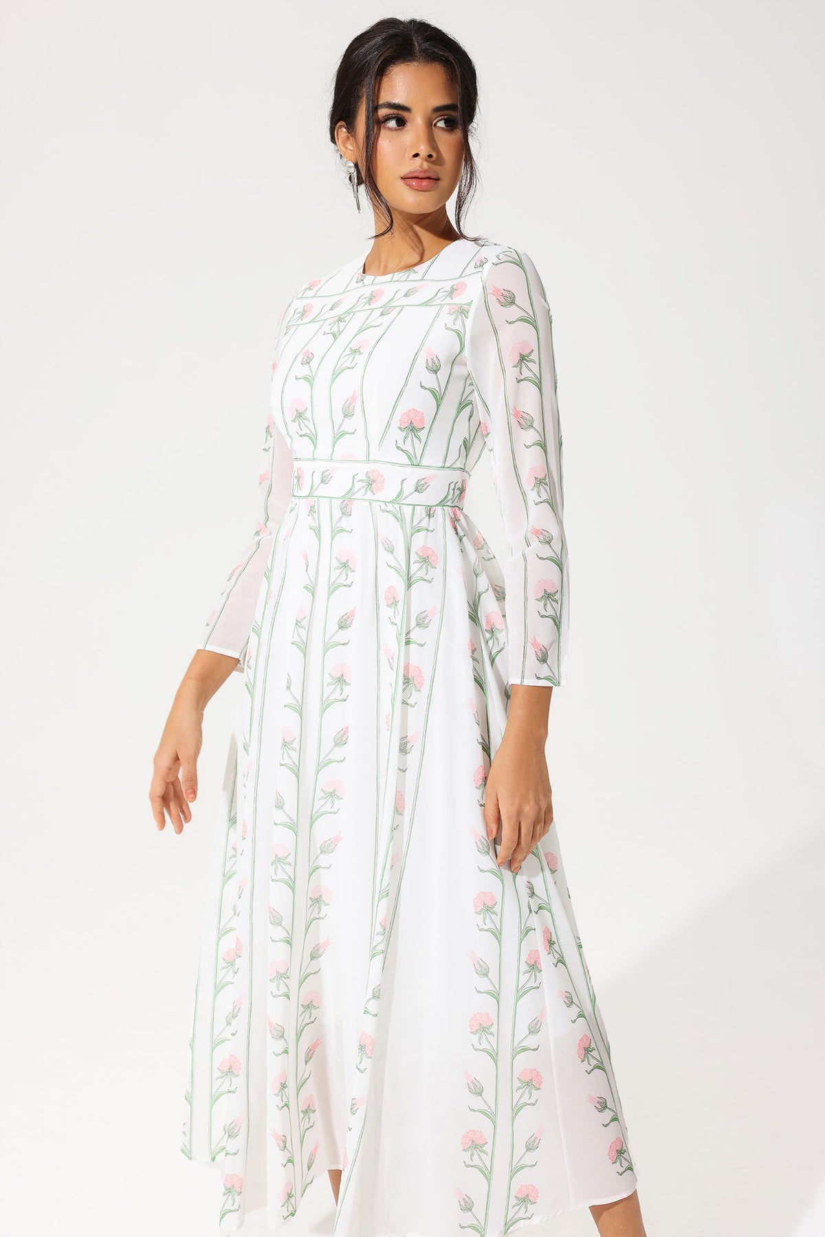 Long Sleeve Crew Collar Silk Georgette Midi Dress