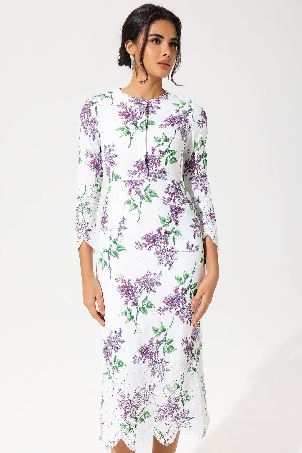 Long Sleeve Crew Collar Broderie Anglaise Maxi Dress