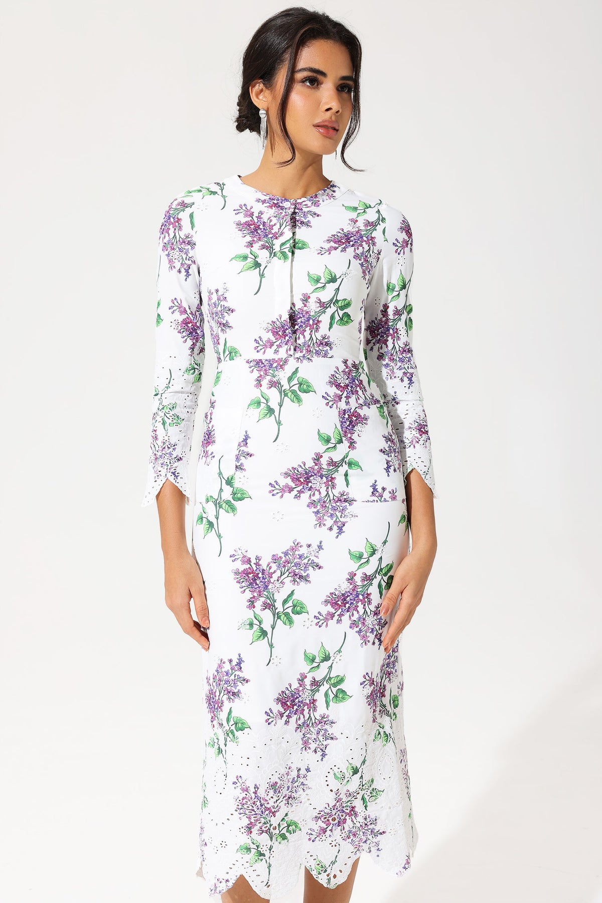 Long Sleeve Crew Collar Broderie Anglaise Maxi Dress