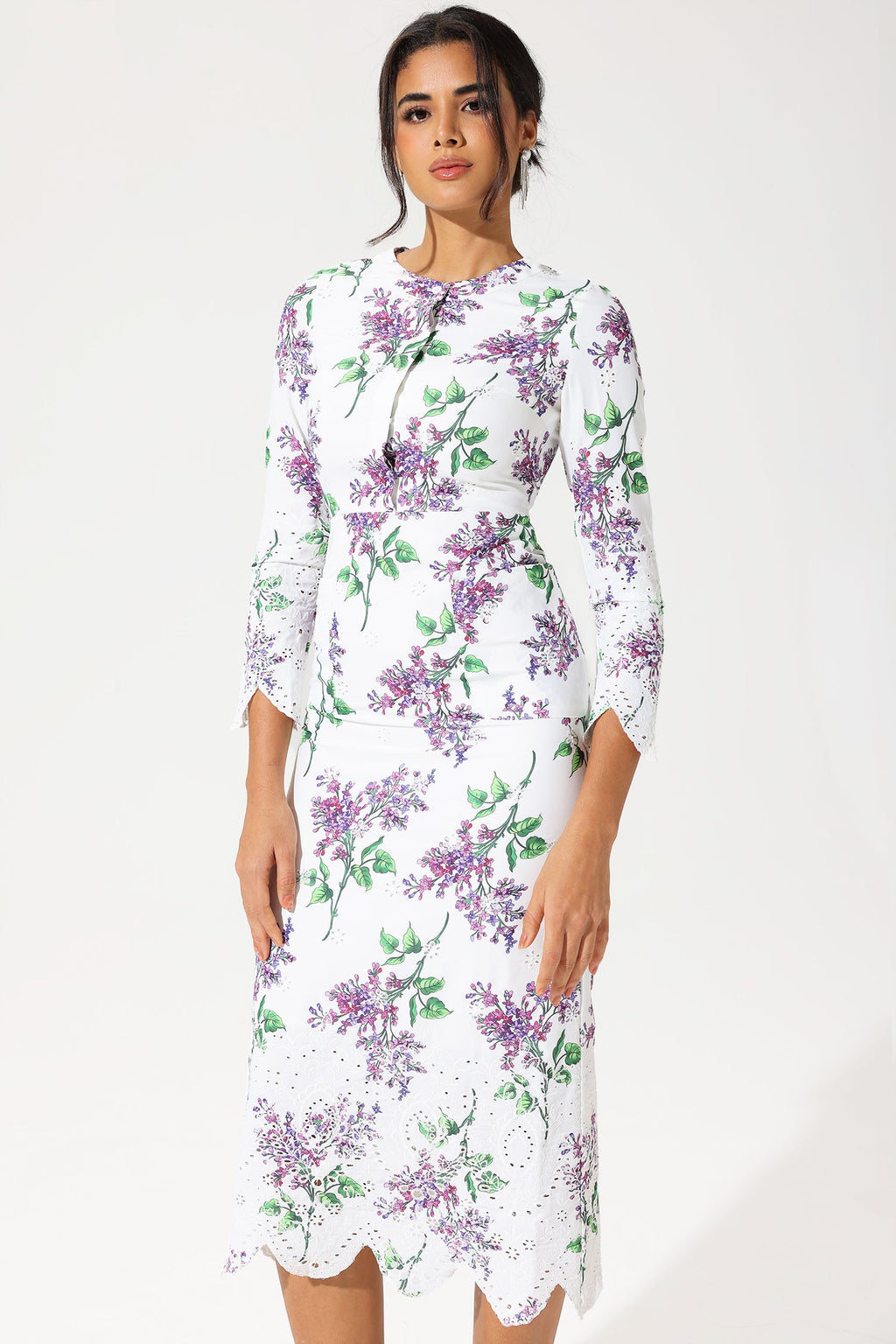 Long Sleeve Crew Collar Broderie Anglaise Maxi Dress