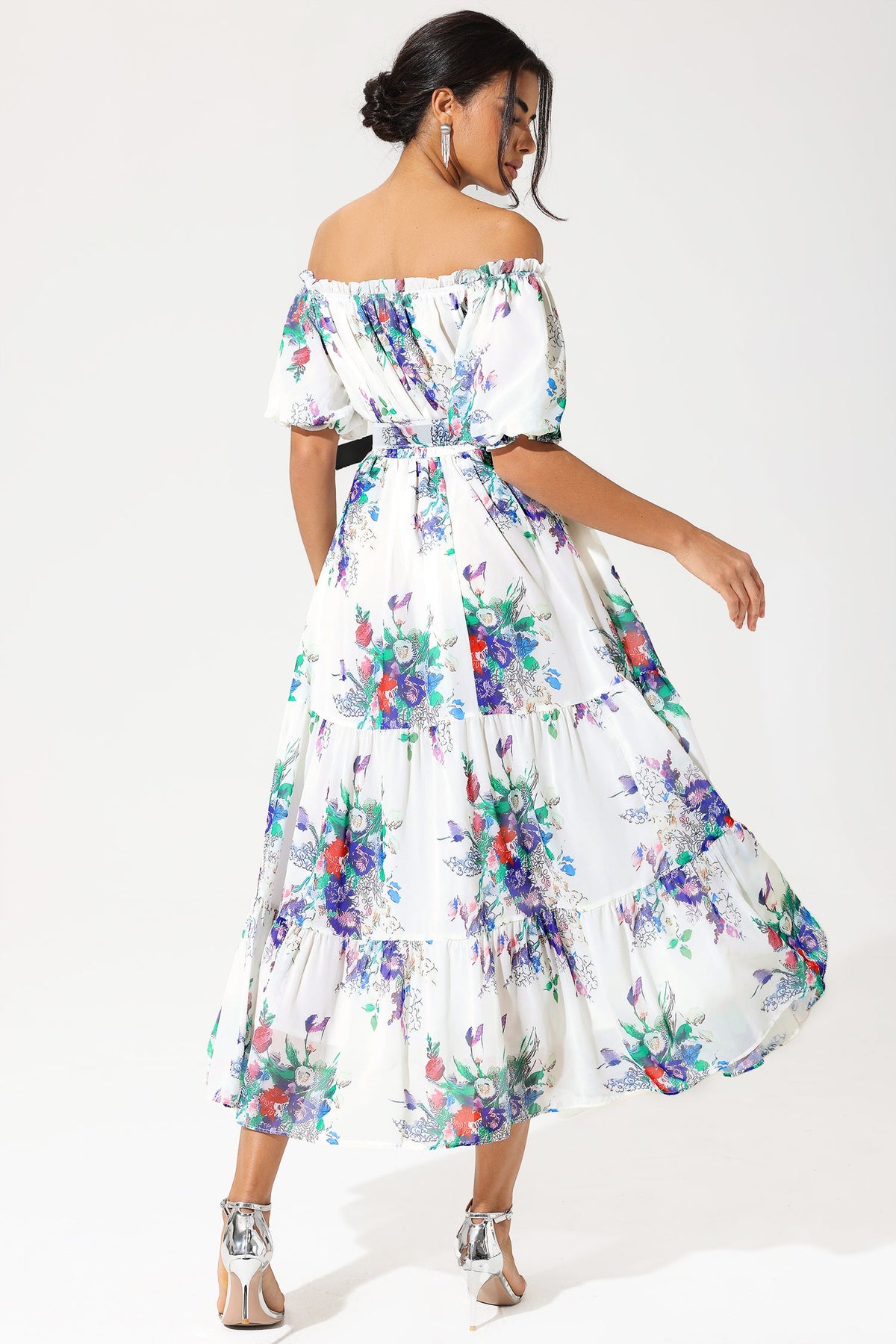 Puff Sleeve Off-shoulder Ruffle Hem Maxi Dress
