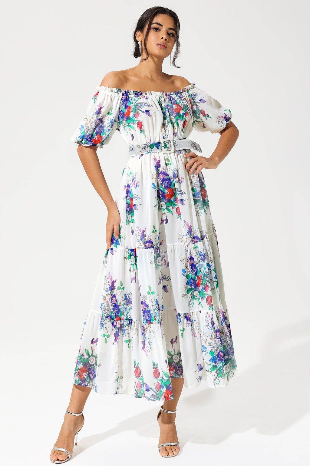 Puff Sleeve Off-shoulder Ruffle Hem Maxi Dress