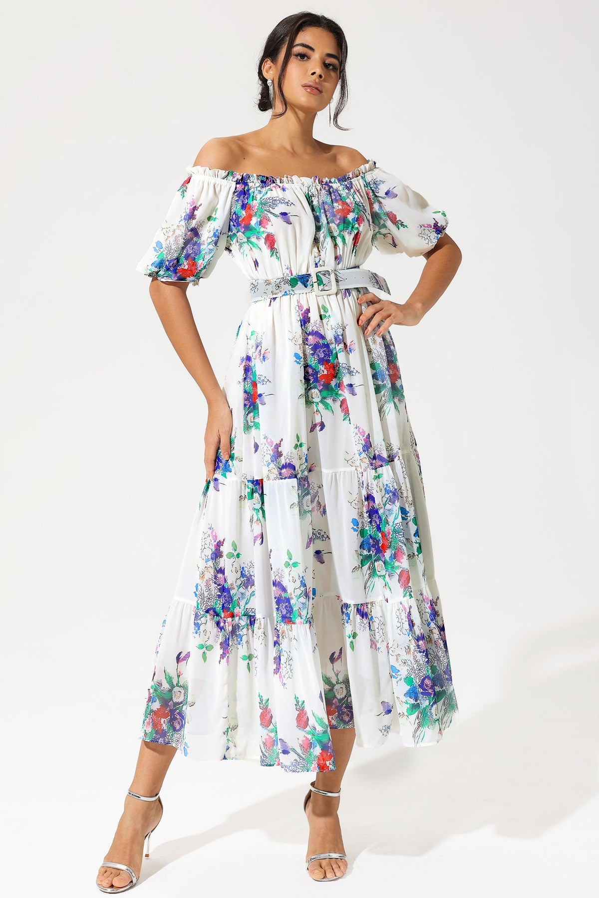 Puff Sleeve Off-shoulder Ruffle Hem Maxi Dress