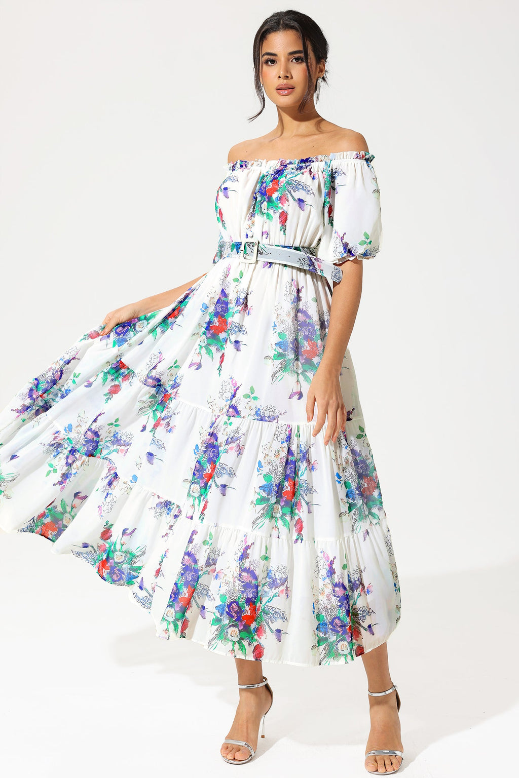 Puff Sleeve Off-shoulder Ruffle Hem Maxi Dress