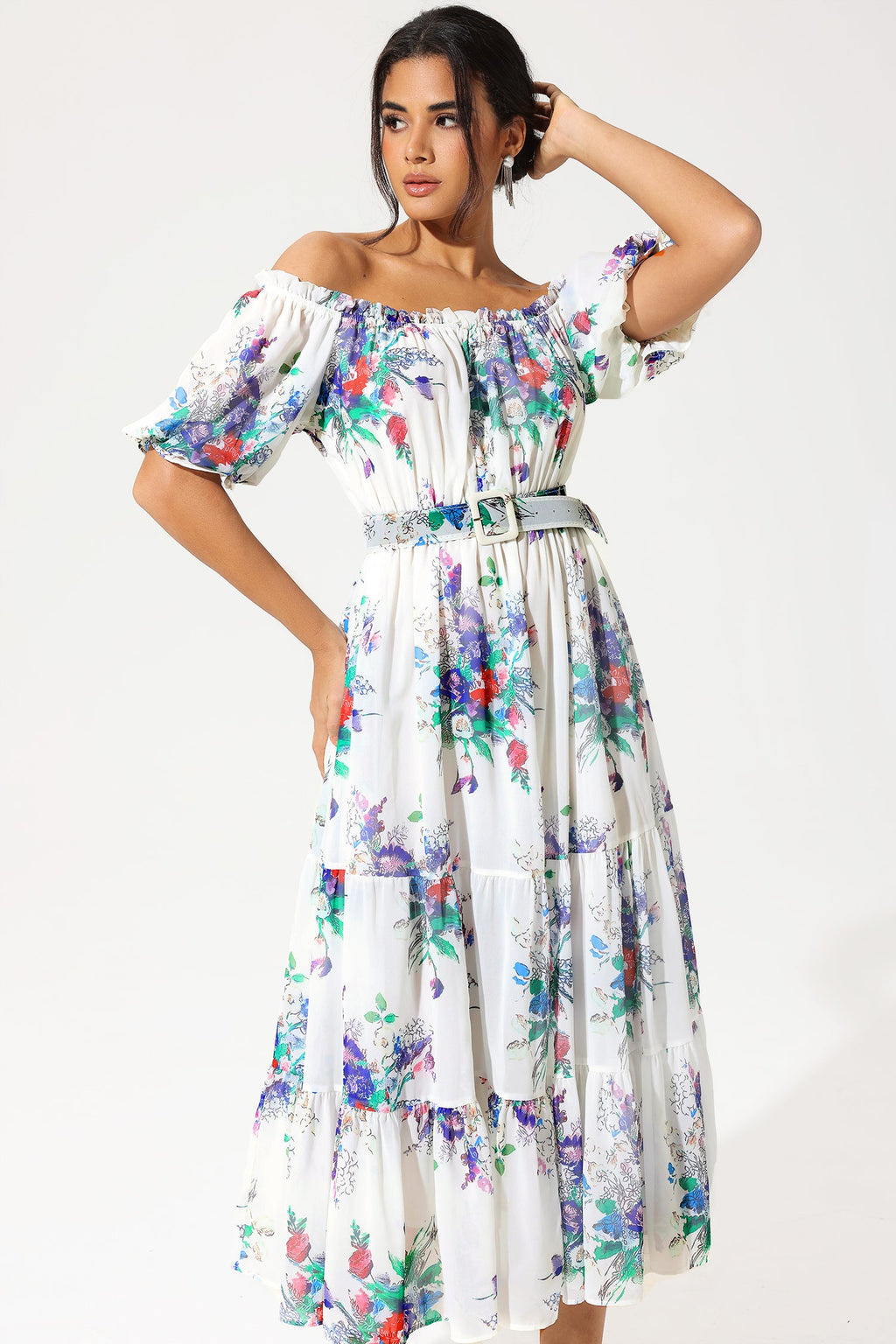 Puff Sleeve Off-shoulder Ruffle Hem Maxi Dress