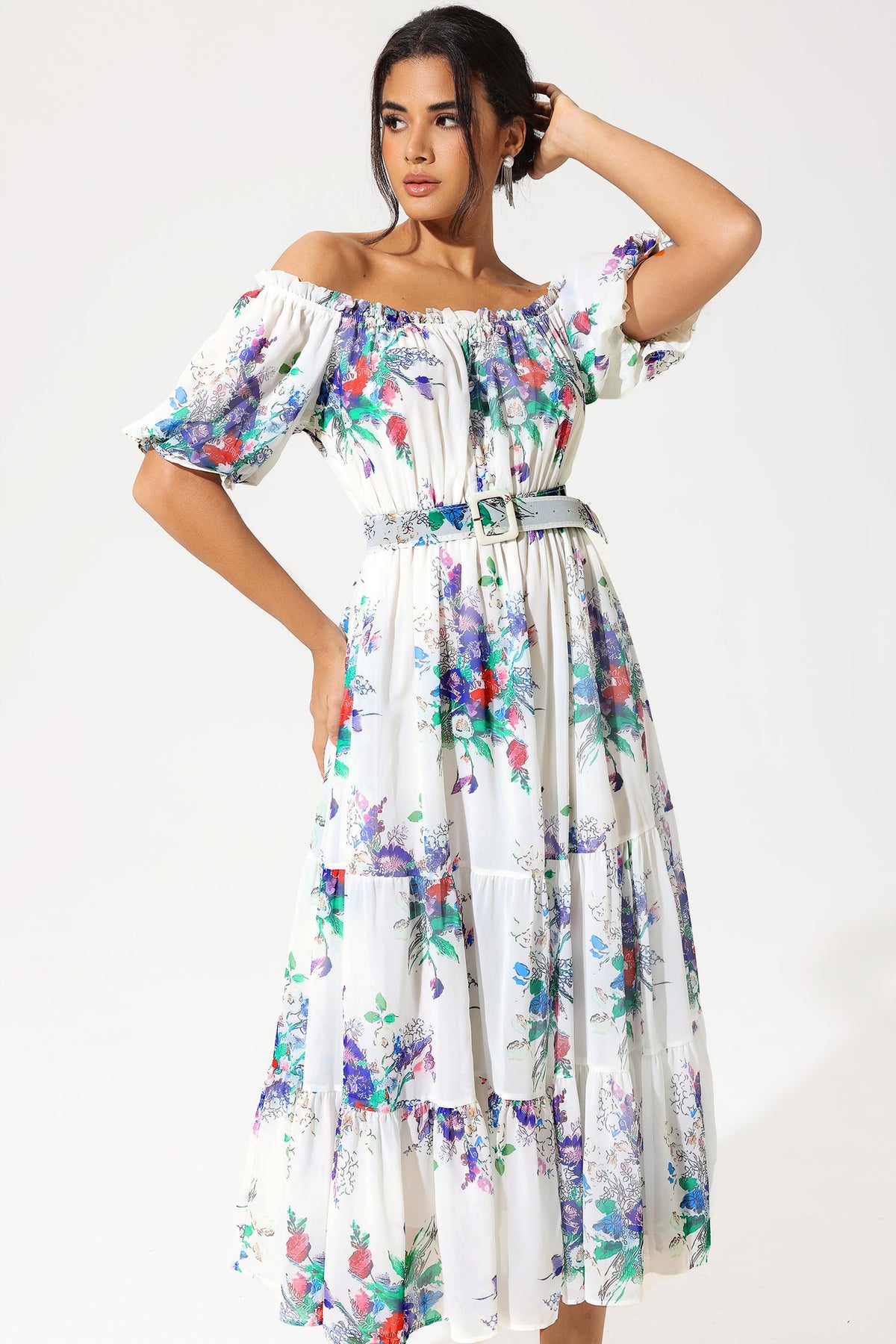 Puff Sleeve Off-shoulder Ruffle Hem Maxi Dress