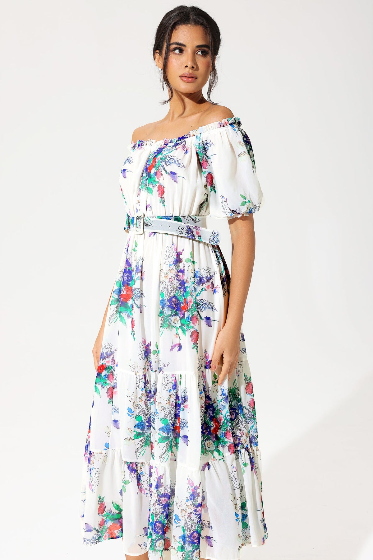 Puff Sleeve Off-shoulder Ruffle Hem Maxi Dress