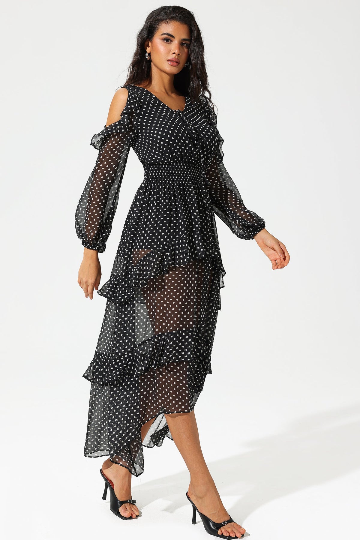 Cold-shoulder V-neck Ruffled Maxi Dress