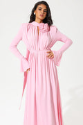 Lantern Sleeve High Collar Flower Slit Midi Dress Pink