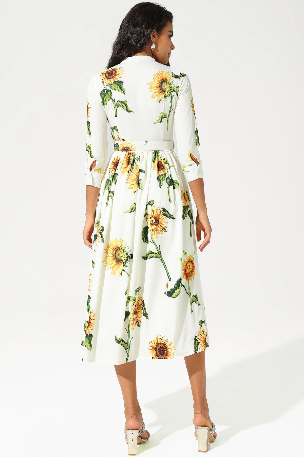 Mid Sleeve Stand Collar Belted Midi Dress