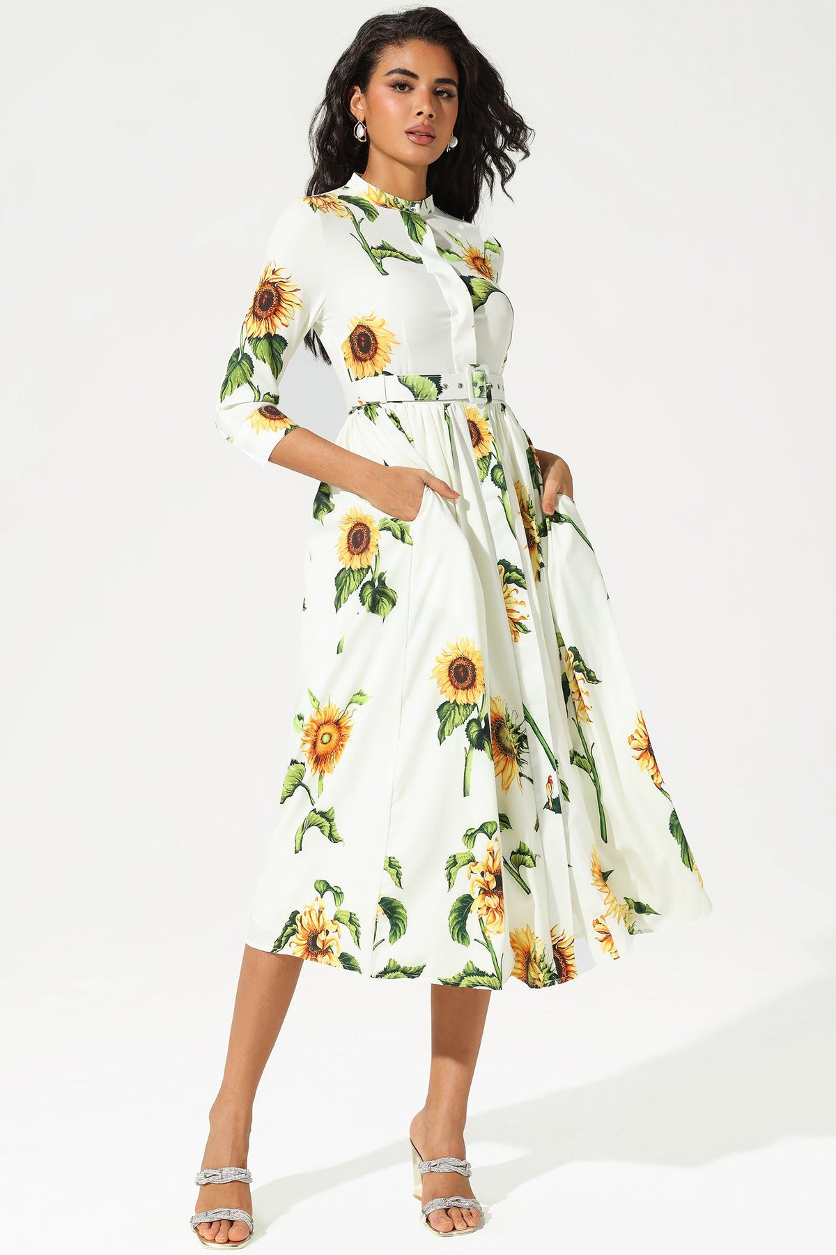 Mid Sleeve Stand Collar Belted Midi Dress
