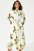 Mid Sleeve Stand Collar Belted Midi Dress