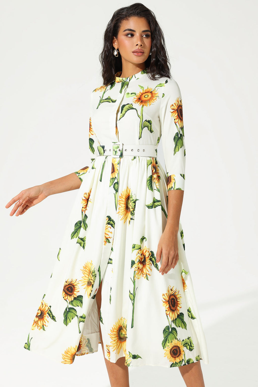 Mid Sleeve Stand Collar Belted Midi Dress