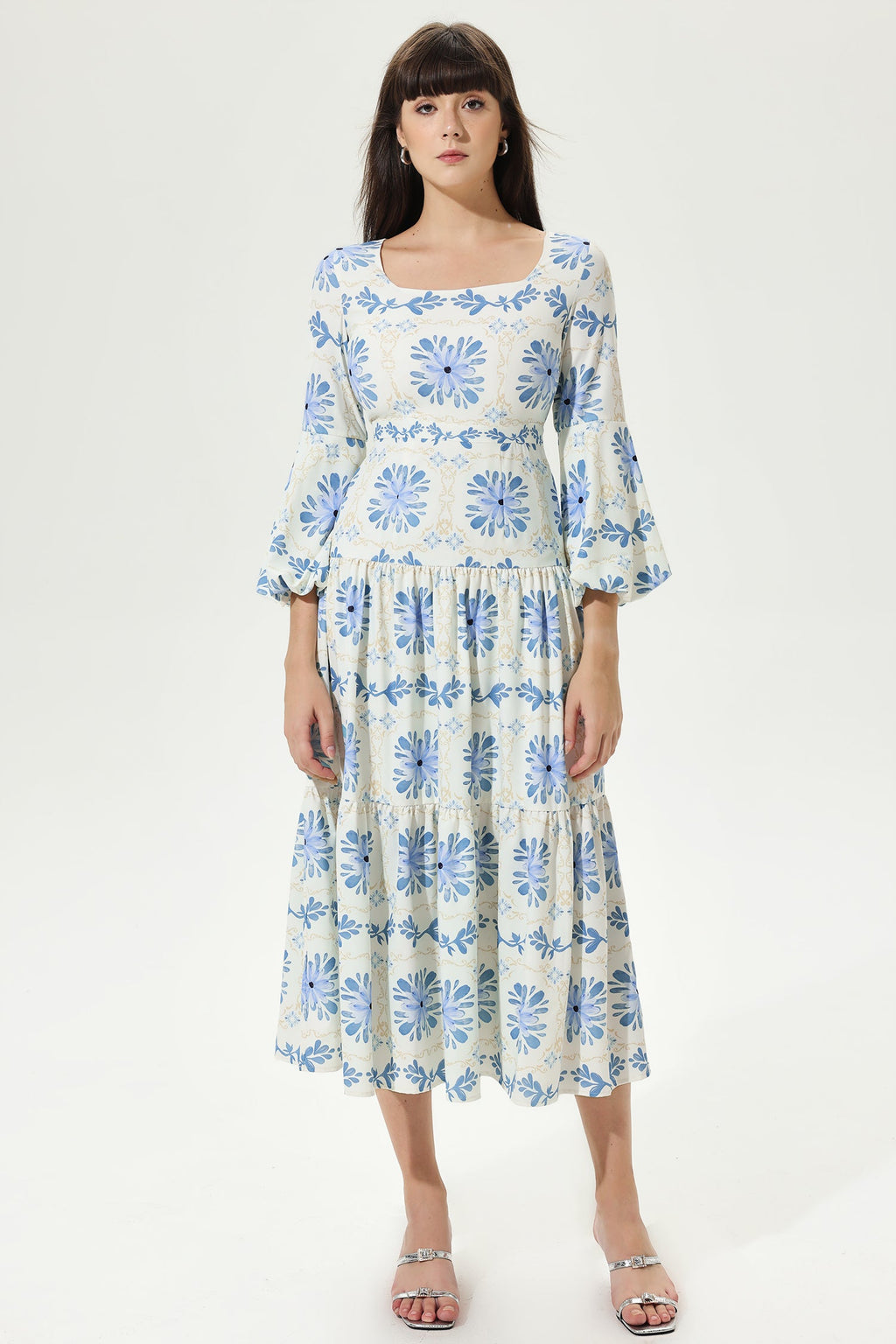 Lantern Sleeve Square Collar Tapered Waist Maxi Dress