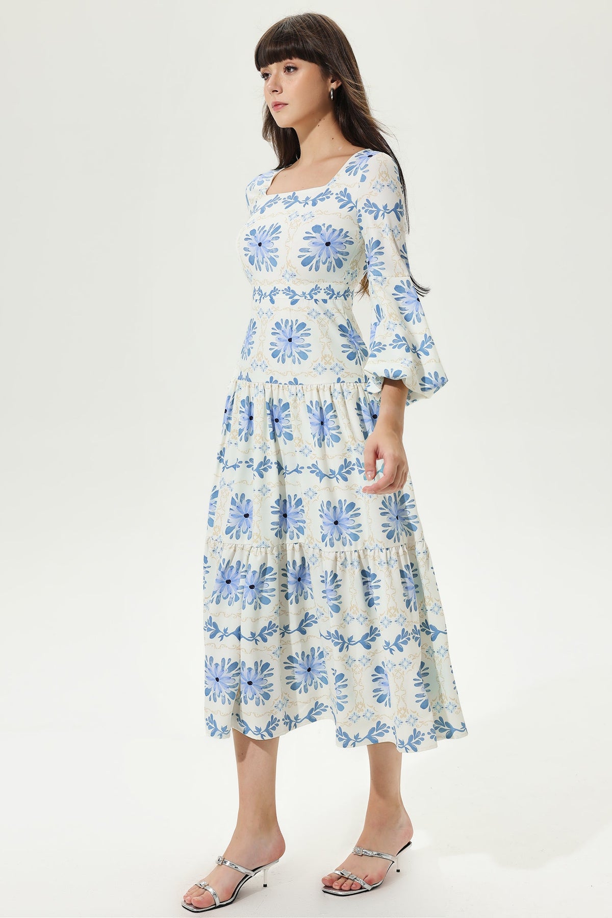 Lantern Sleeve Square Collar Tapered Waist Maxi Dress