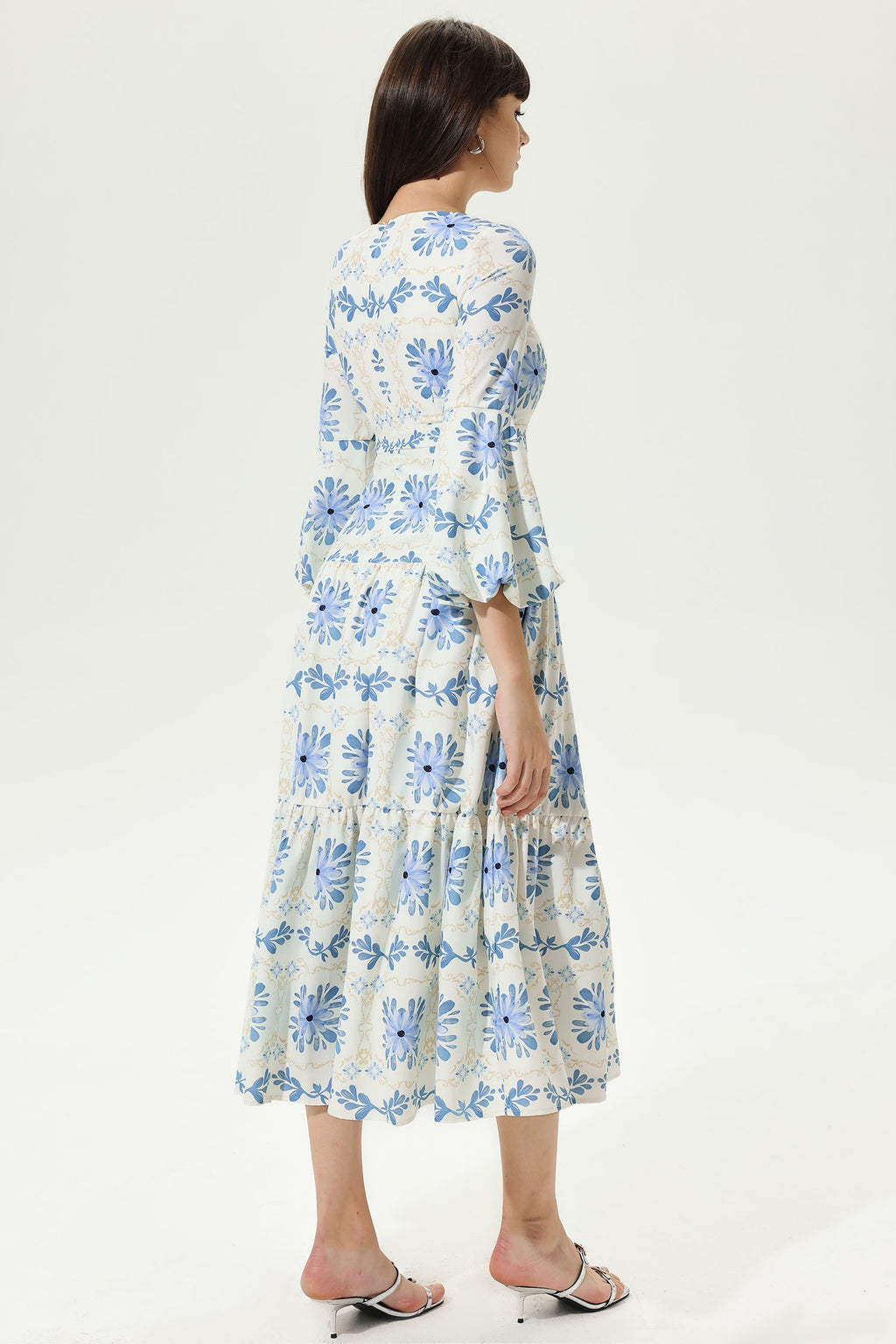Lantern Sleeve Square Collar Tapered Waist Maxi Dress