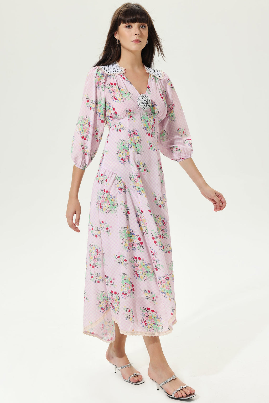 Lantern Sleeve V-neck Belted Lattice Flower Midi Dress