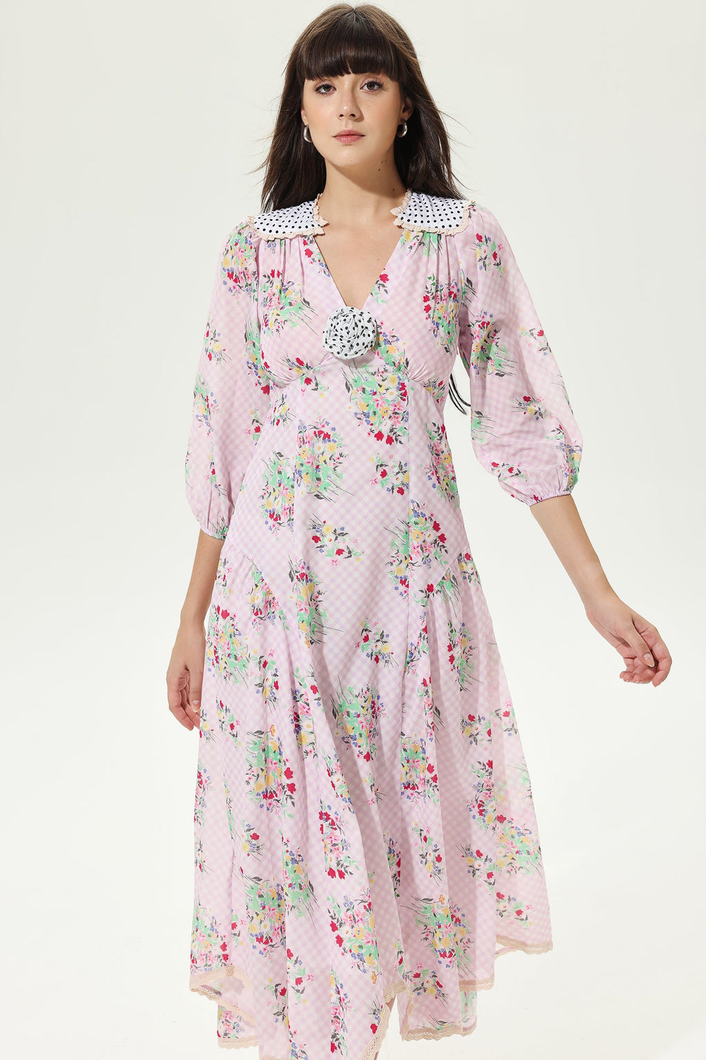 Lantern Sleeve V-neck Belted Lattice Flower Midi Dress