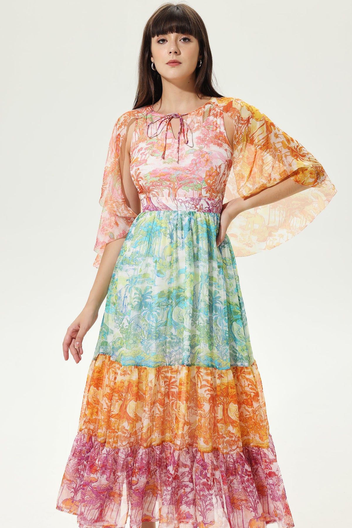 Color Asymmetric Sleeve Crew Collar Laced Chest Trim Midi Dress