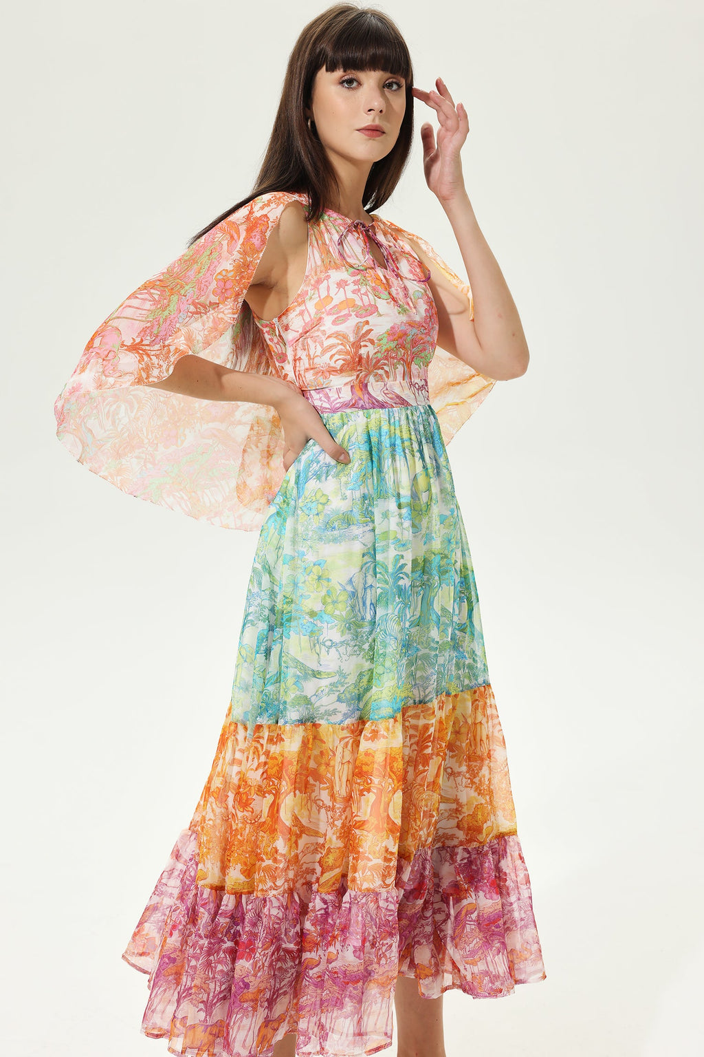 Color Asymmetric Sleeve Crew Collar Laced Chest Trim Midi Dress