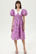 Puff Sleeves V-neck Tapered Waist Midi Dress Purple