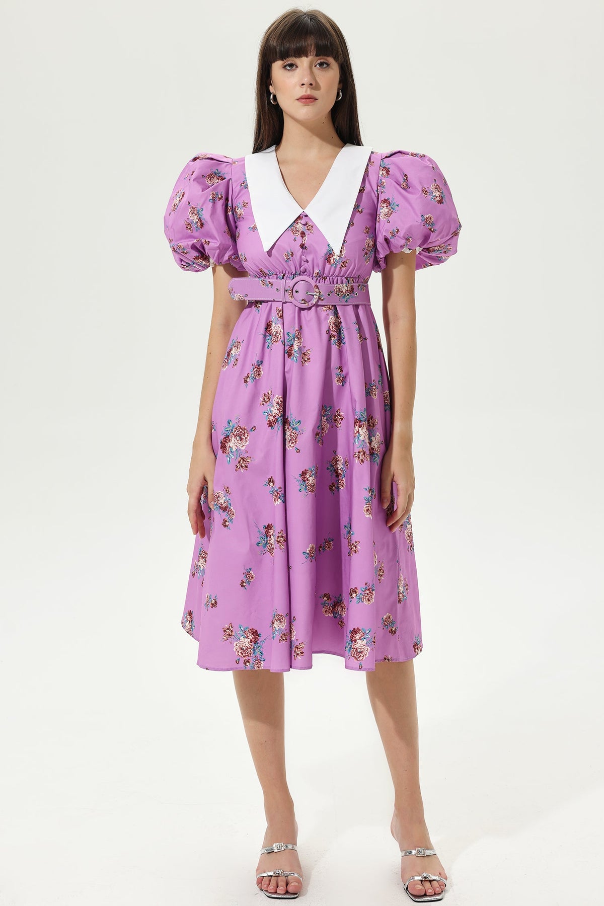 Puff Sleeves V-neck Tapered Waist Midi Dress Purple