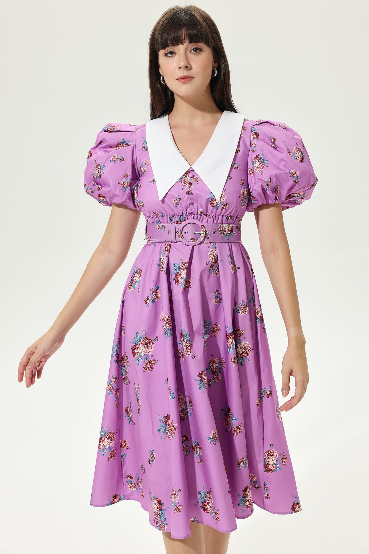 Puff Sleeves V-neck Tapered Waist Midi Dress Purple