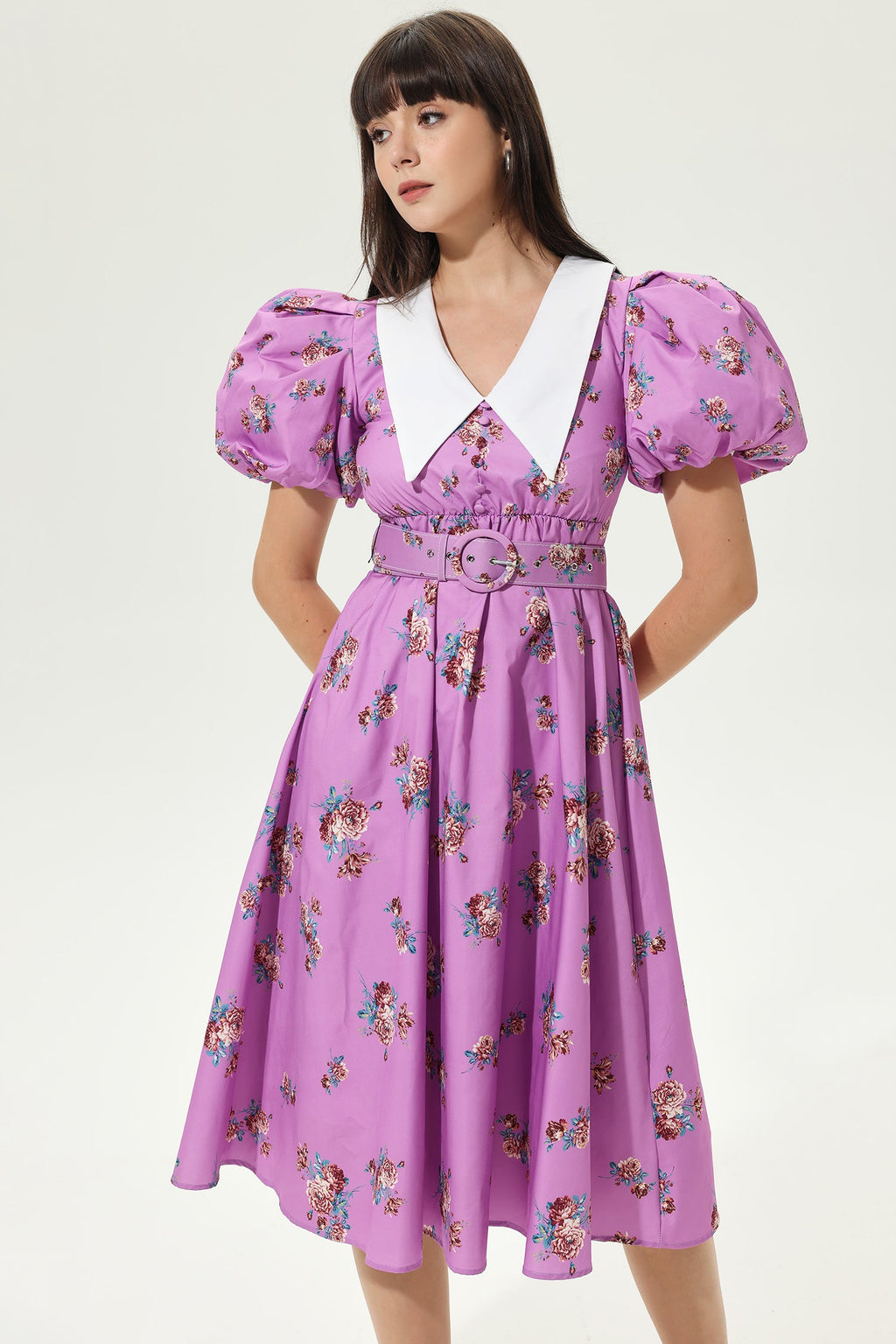 Puff Sleeves V-neck Tapered Waist Midi Dress Purple