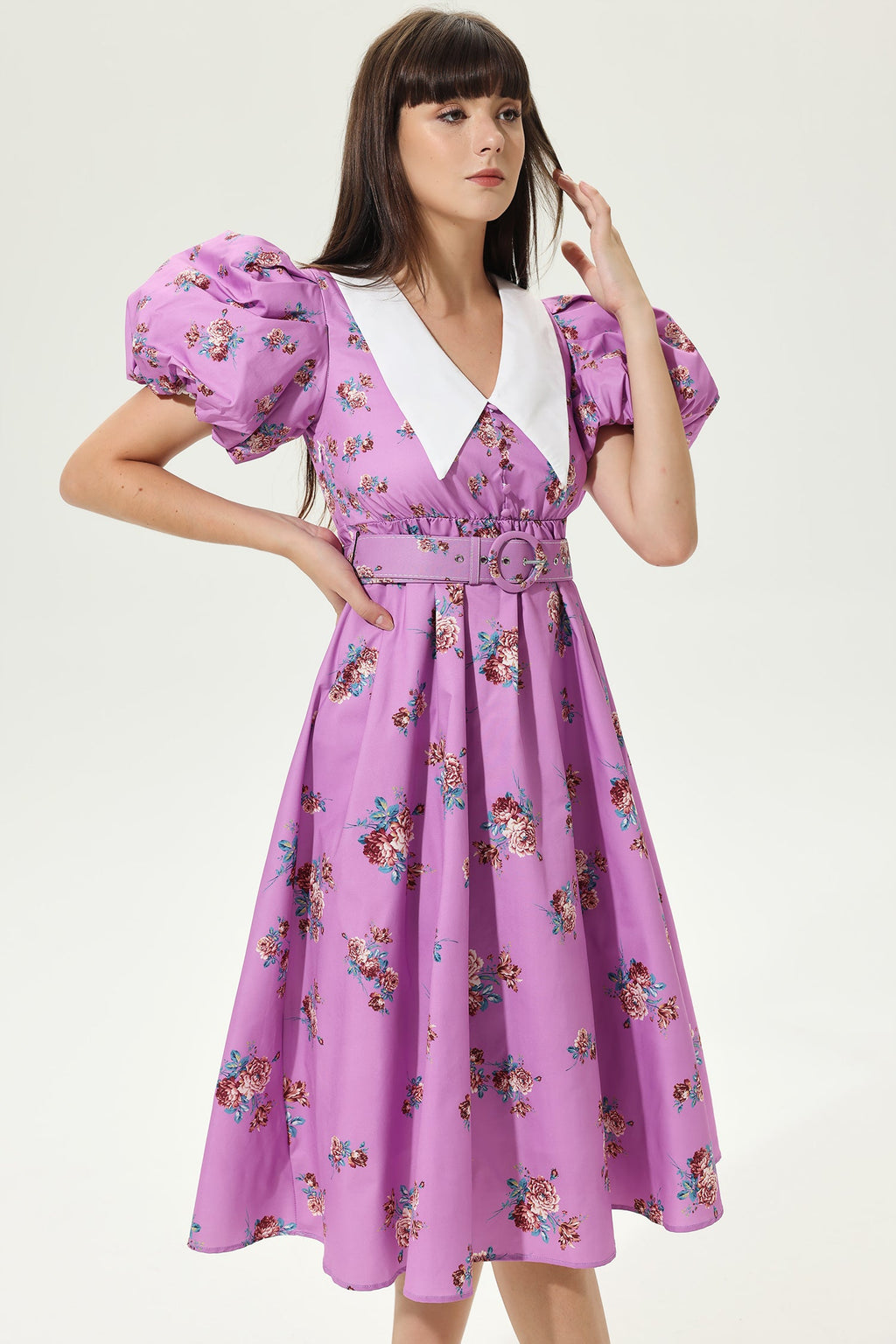 Puff Sleeves V-neck Tapered Waist Midi Dress Purple