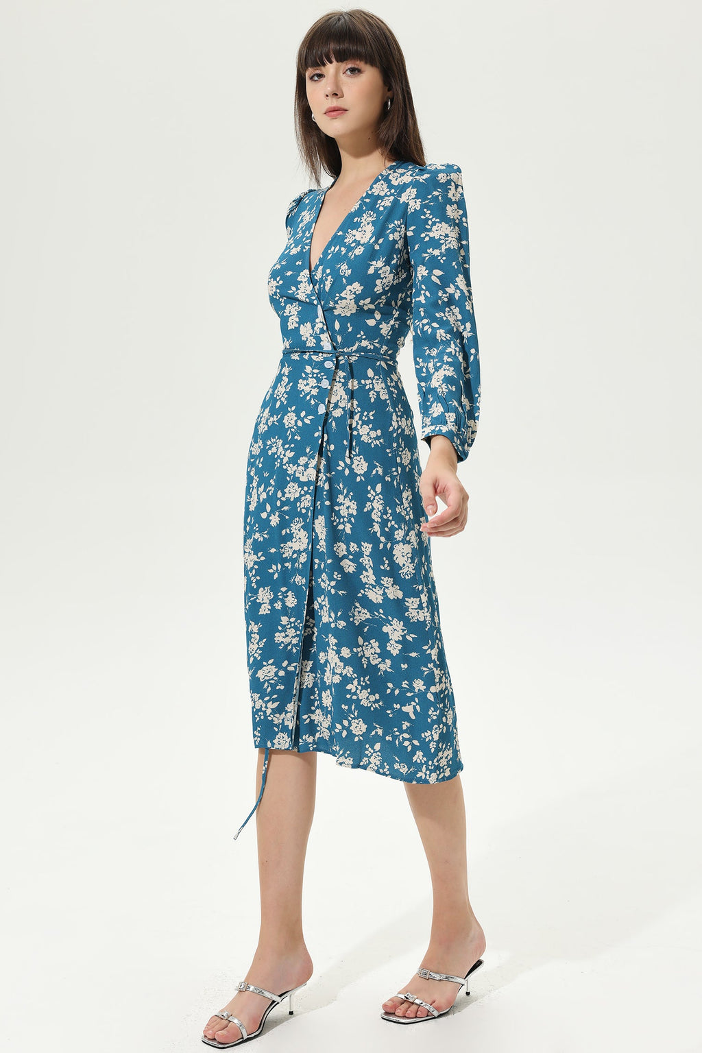 Long Sleeve V-neck Slit Midi Dress Blue