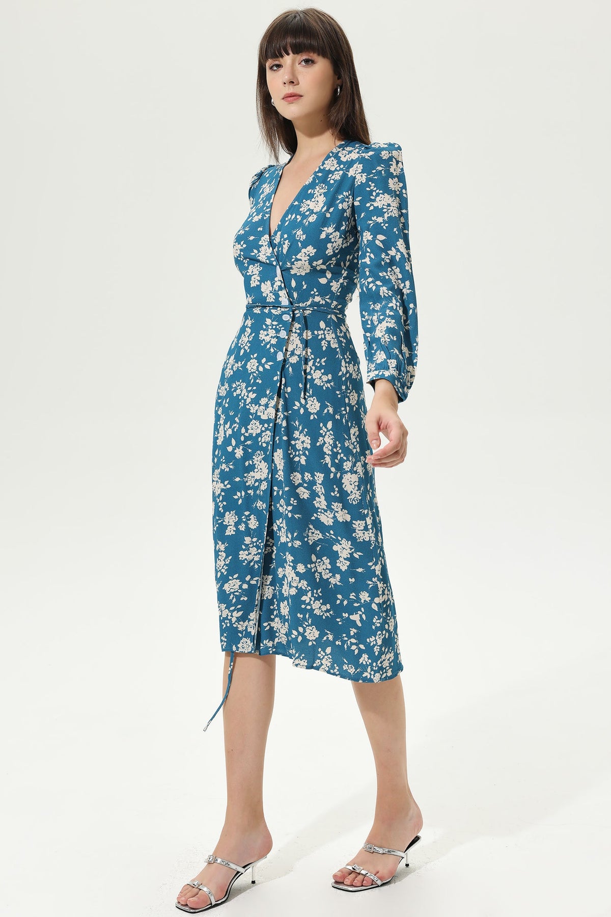Long Sleeve V-neck Slit Midi Dress Blue