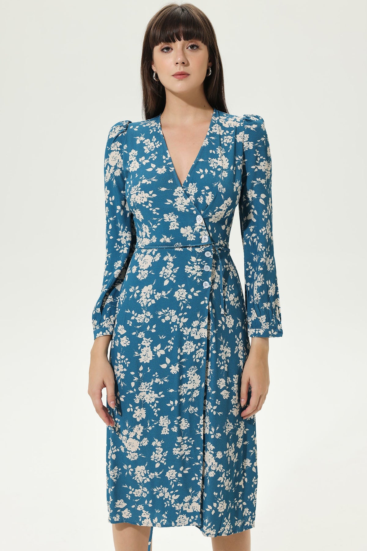 Long Sleeve V-neck Slit Midi Dress Blue