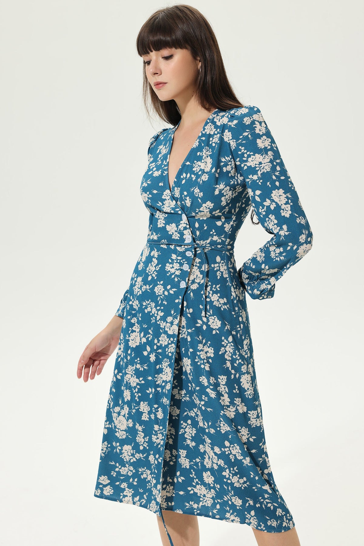 Long Sleeve V-neck Slit Midi Dress Blue