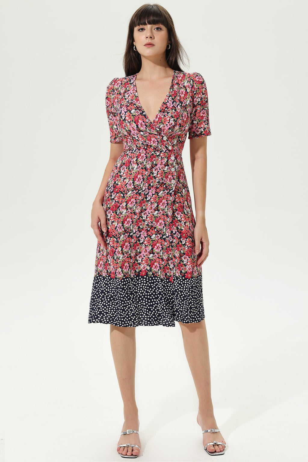 Puff Sleeve V-neck Wrapover Belted Midi Dress