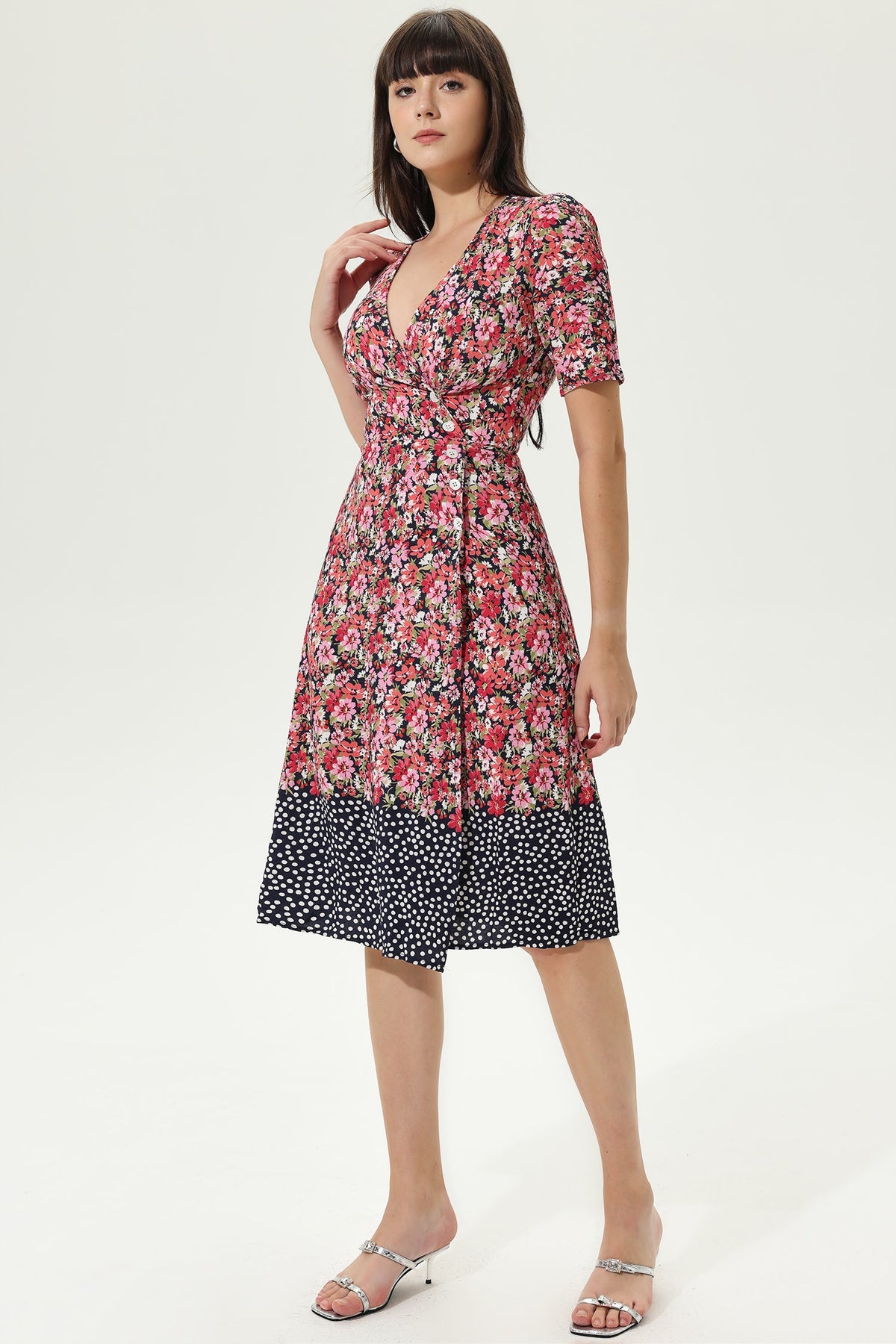 Puff Sleeve V-neck Wrapover Belted Midi Dress