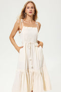 Pleated Lace Up Midi Dress White