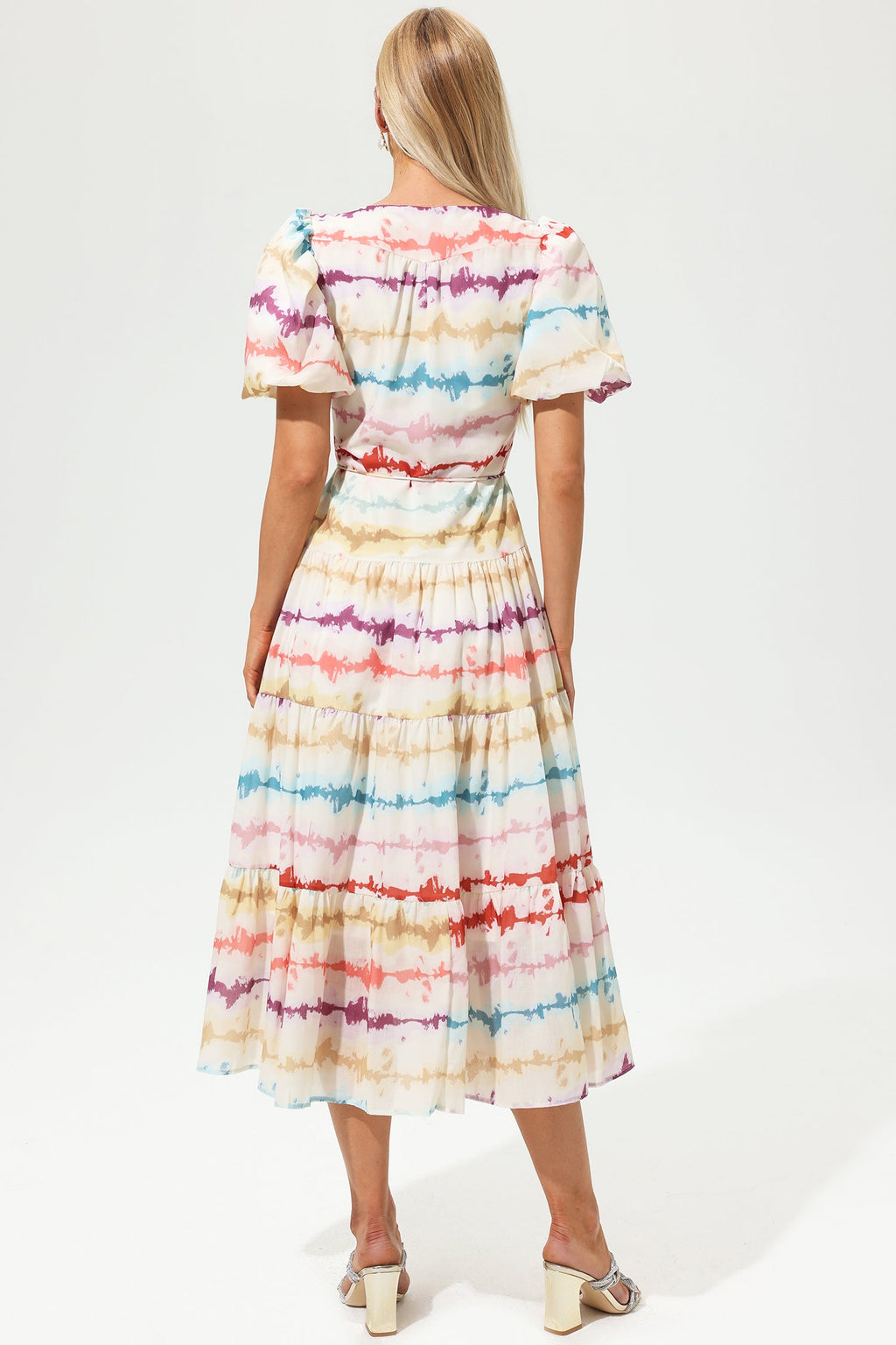 V-neck Puff Sleeve Tapered Waist Midi Dress