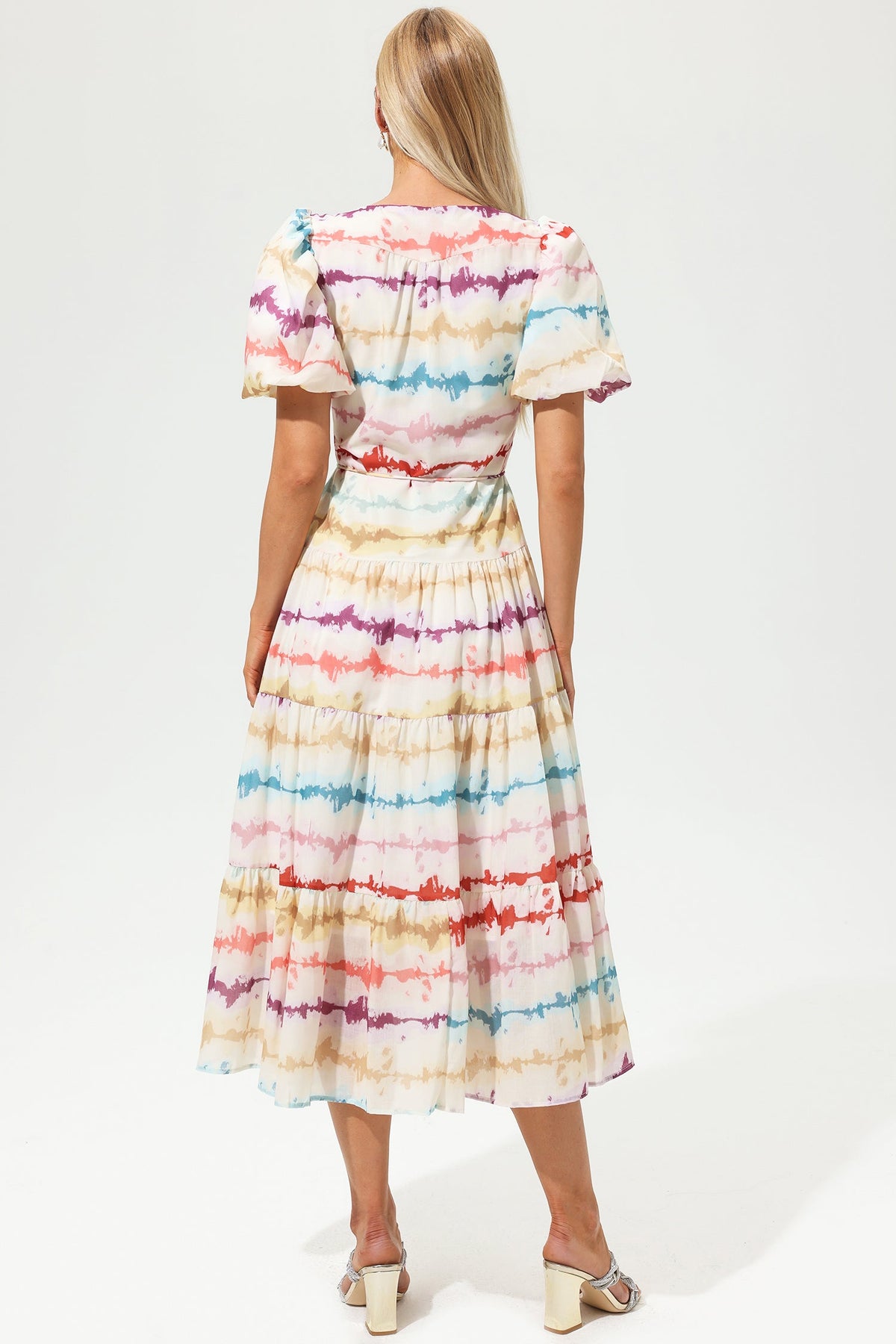 V-neck Puff Sleeve Tapered Waist Midi Dress