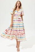 V-neck Puff Sleeve Tapered Waist Midi Dress