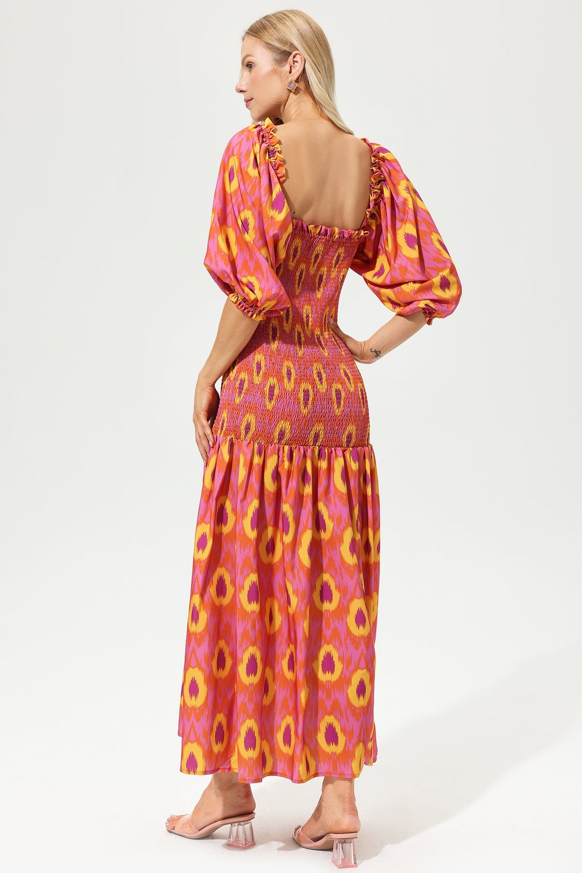 Lantern Sleeve Off-shoulder Smocked Elastic Midi Dress