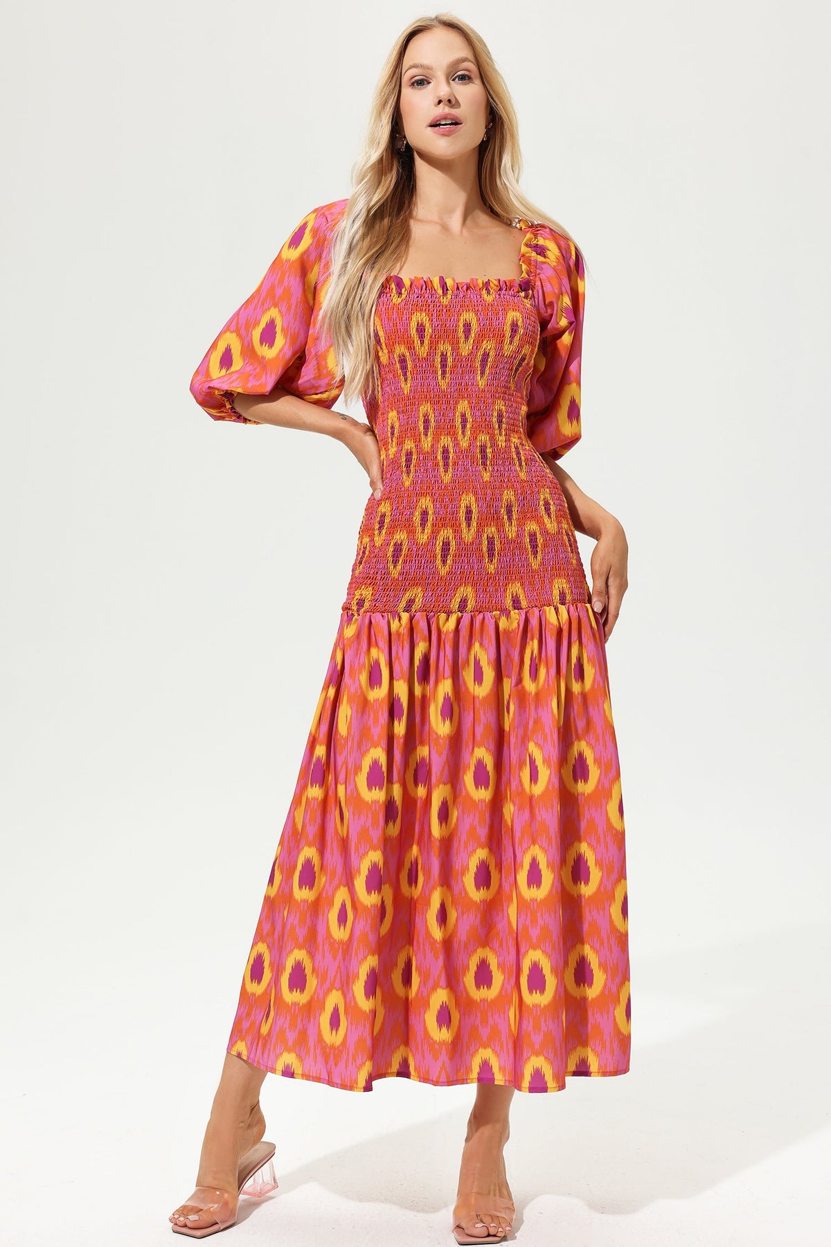 Lantern Sleeve Off-shoulder Smocked Elastic Midi Dress