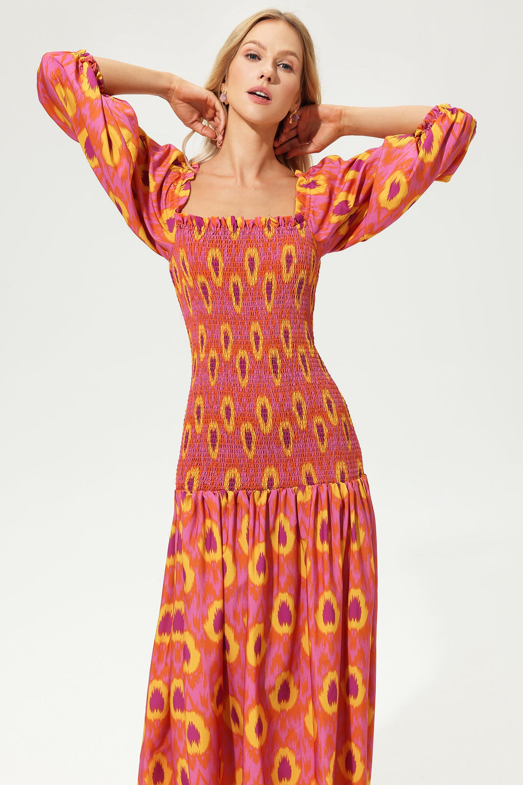 Lantern Sleeve Off-shoulder Smocked Elastic Midi Dress