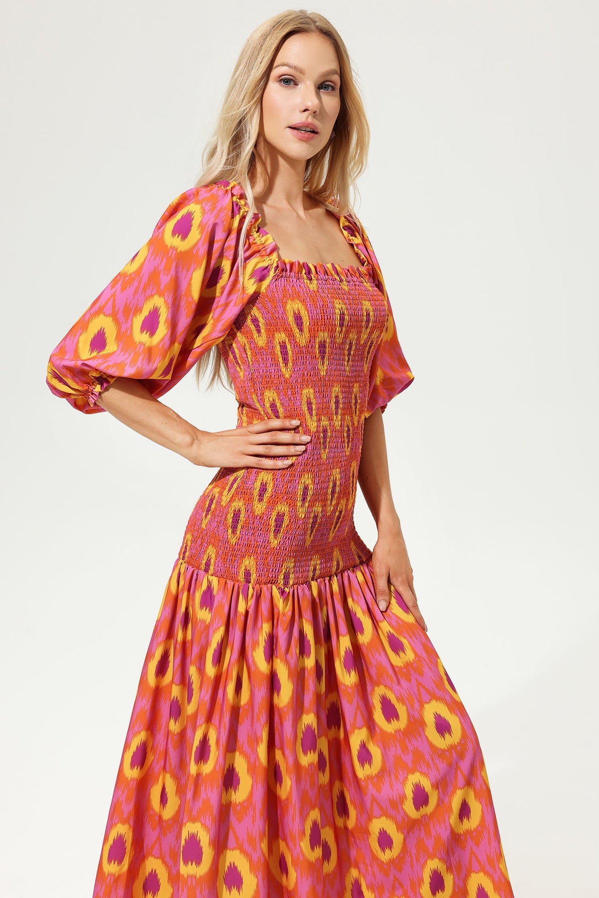 Lantern Sleeve Off-shoulder Smocked Elastic Midi Dress