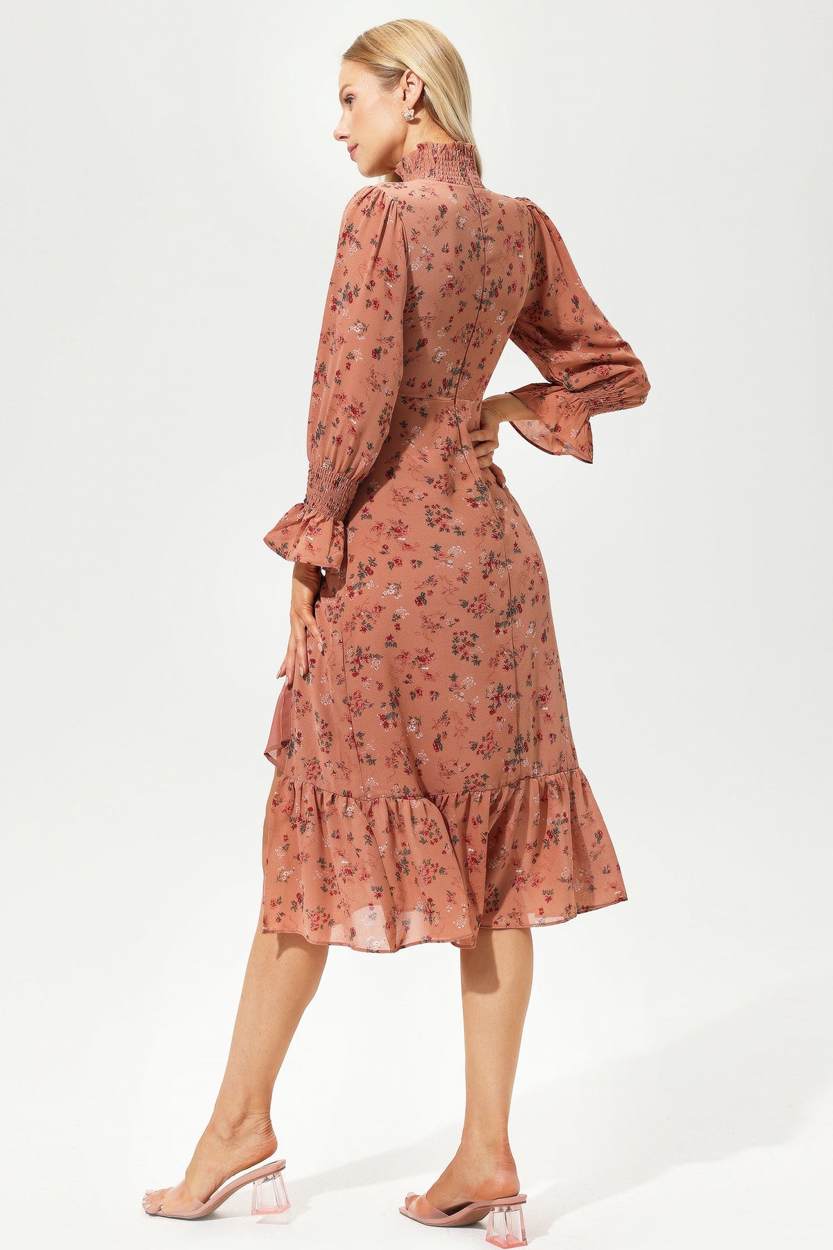 Puff Sleeve Slit Midi Dress