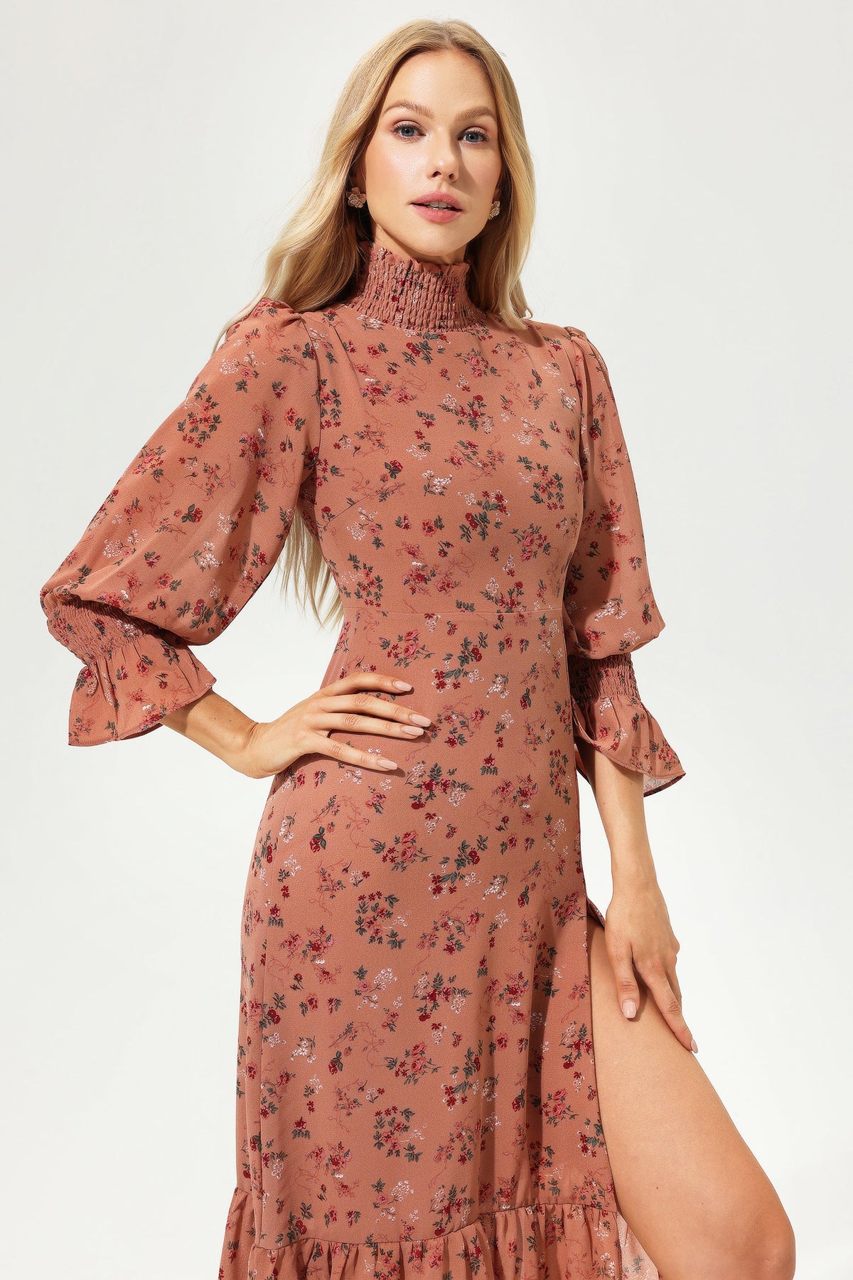 Puff Sleeve Slit Midi Dress